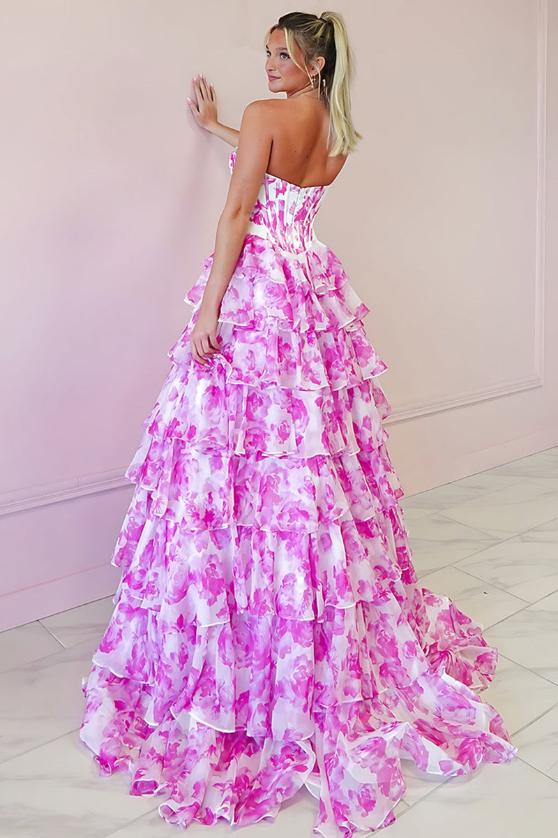 Load image into Gallery viewer, Sparkly Floral Fuchsia A Line Tiered Long Corset Prom Dress with Slit