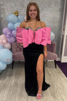 Load image into Gallery viewer, Sparkly Black Velvet Sheath Strapless Long Prom Dress with Bow