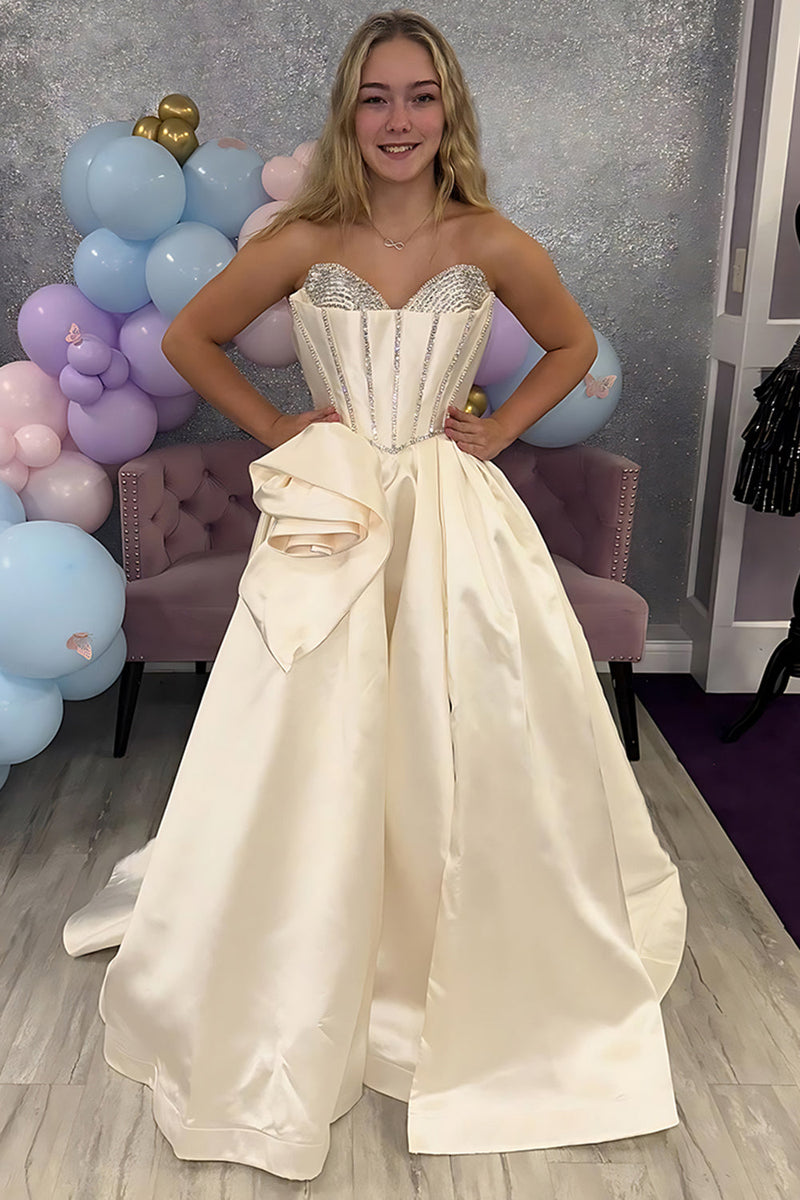 Load image into Gallery viewer, Sparkly Floral Apricot Satin A Line Long Corset Prom Dress with Beading