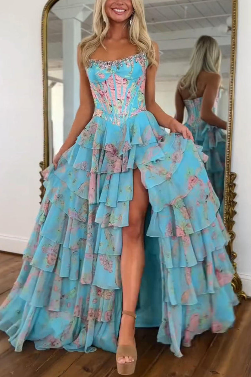 Load image into Gallery viewer, Sparkly Floral Blue A Line Tiered Long Corset Prom Dress with Slit