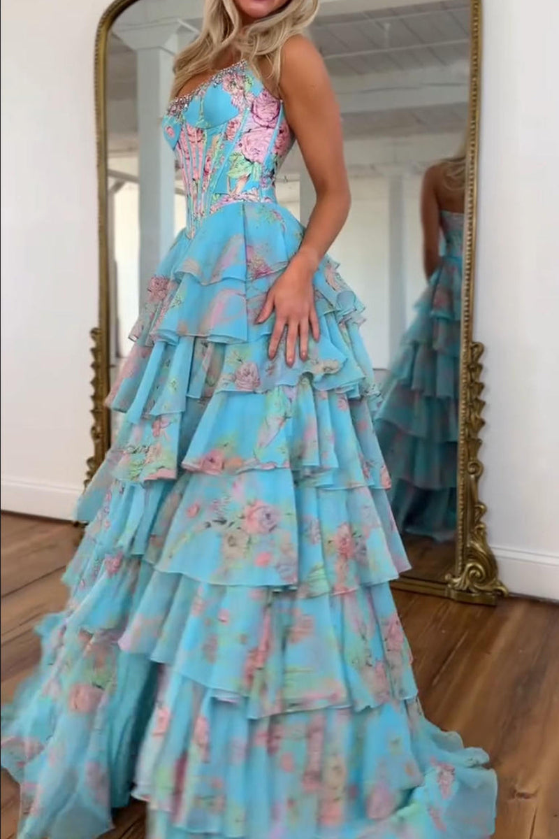 Load image into Gallery viewer, Sparkly Floral Blue A Line Tiered Long Corset Prom Dress with Slit