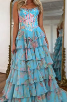 Load image into Gallery viewer, Sparkly Floral Blue A Line Tiered Long Corset Prom Dress with Slit