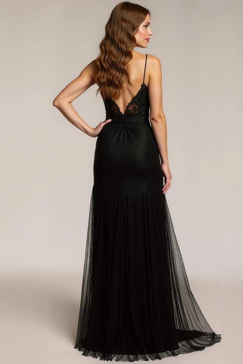 Black Stretch Satin Formal Dress Straps Ruched Floor Length Sheath Formal Dress With Slit
