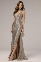 Load image into Gallery viewer, Sparkly Dark Silver V-Neck Sequin Mermaid Long Formal Dress with Slit