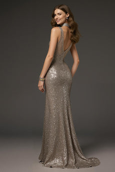 Sparkly Dark Silver V-Neck Sequin Mermaid Long Formal Dress with Slit