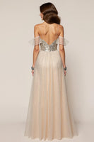 Load image into Gallery viewer, Sparkly Champagne Sequin Spaghetti Straps A-Line Long Formal Dress with Slit