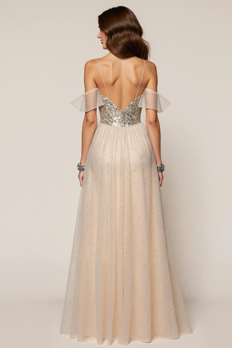 Load image into Gallery viewer, Sparkly Champagne Sequin Spaghetti Straps A-Line Long Formal Dress with Slit