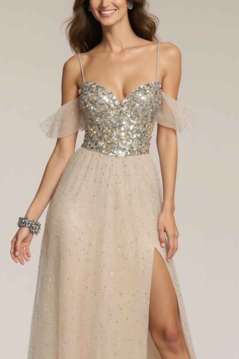 Load image into Gallery viewer, Sparkly Champagne Sequin Spaghetti Straps A-Line Long Formal Dress with Slit