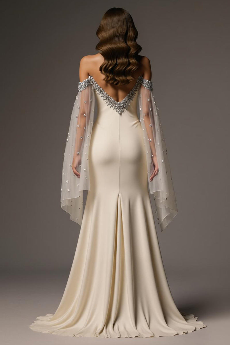 Load image into Gallery viewer, Sparkly Ivory Mermaid Off the Shoulder Beaded Long Formal Dress with Cape