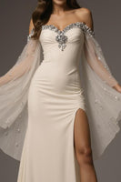 Load image into Gallery viewer, Sparkly Ivory Mermaid Off the Shoulder Beaded Long Formal Dress with Cape