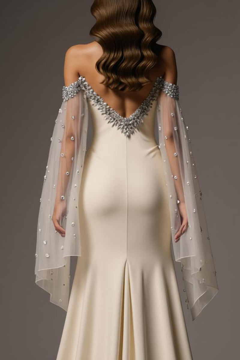 Load image into Gallery viewer, Sparkly Ivory Mermaid Off the Shoulder Beaded Long Formal Dress with Cape