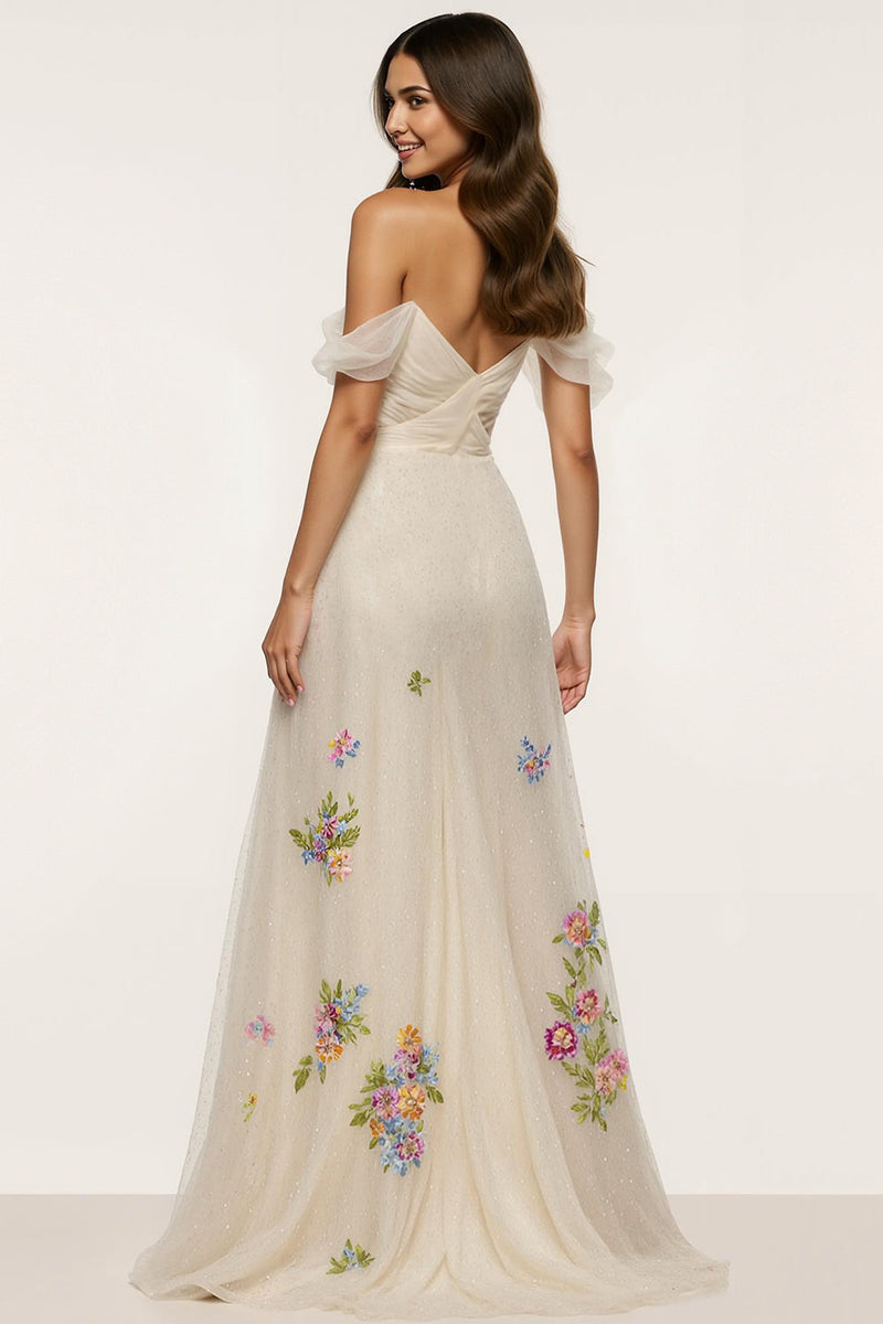 Load image into Gallery viewer, Sparkly Floral Ivory Mermaid Off the Shoulder Long Formal Dress with Slit