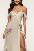 Load image into Gallery viewer, Sparkly Floral Ivory Mermaid Off the Shoulder Long Formal Dress with Slit