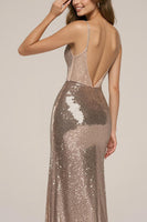 Load image into Gallery viewer, Sparkly Rose Golden Sheath Sequin Spaghetti Straps Long Formal Dress with Slit
