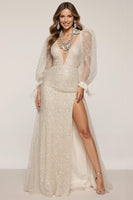 Load image into Gallery viewer, Sparkly Ivory V-Neck Sheath Sequin Long Sleeves Formal Dress with Slit