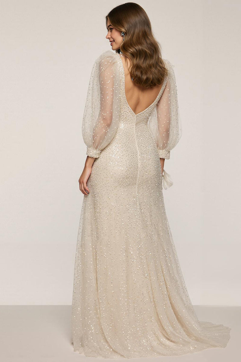 Load image into Gallery viewer, Sparkly Ivory V-Neck Sheath Sequin Long Sleeves Formal Dress with Slit