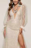 Load image into Gallery viewer, Sparkly Ivory V-Neck Sheath Sequin Long Sleeves Formal Dress with Slit