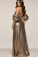 Load image into Gallery viewer, Sparkly Brown Sequin Cold Shoulder Sheath Long Formal Dress with Sleeves