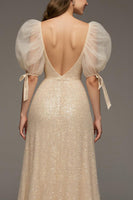 Load image into Gallery viewer, Sparkly Champagne Puff Sleeves Sheath Sequin Long Formal Dress with Slit