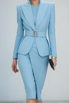 Blue 2 Piece Pencil Peak Lapel Midi Business Suits with Belt