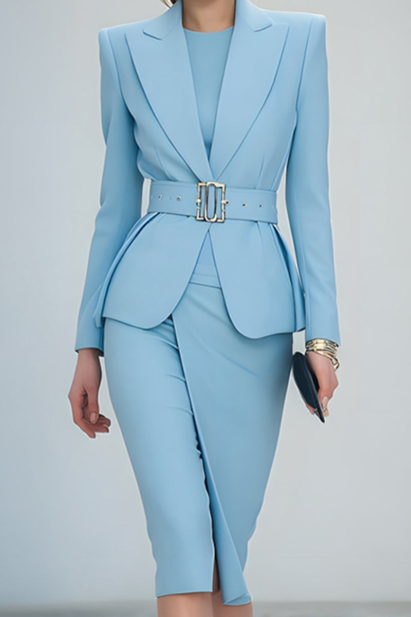 Load image into Gallery viewer, Blue 2 Piece Pencil Peak Lapel Midi Business Suits with Belt
