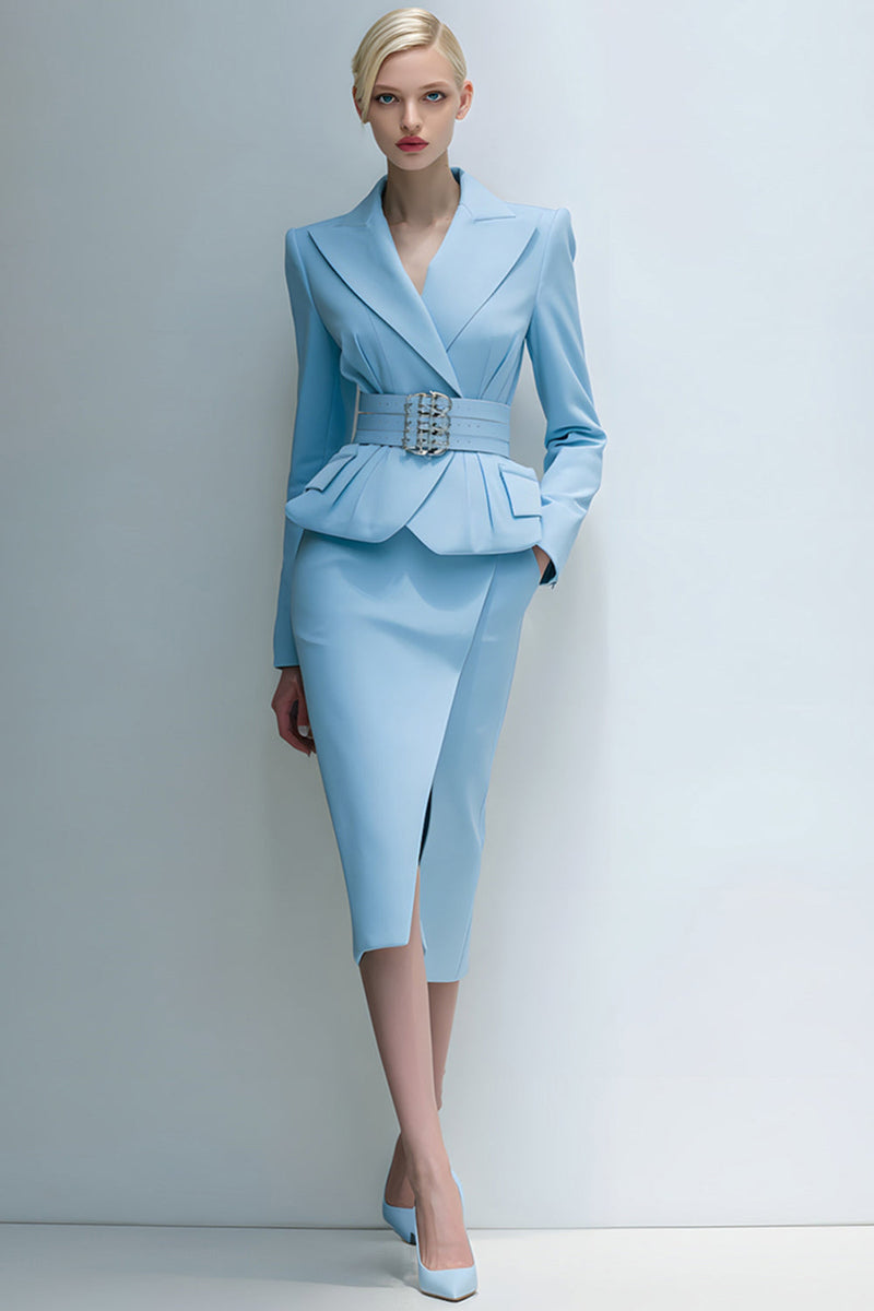 Load image into Gallery viewer, 2 Piece Blue Pencil Peak Lapel Midi Business Suits with Pockets