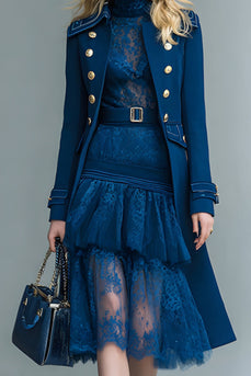 Dark Blue Double Breasted Prom Blazer with Sleeves