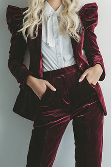 2 Piece Burgundy Velvet Long Sleeves Prom Suits