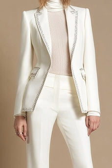 2 Piece Sparkly White Peak Lapel Long Sleeves Prom Suits with Beading