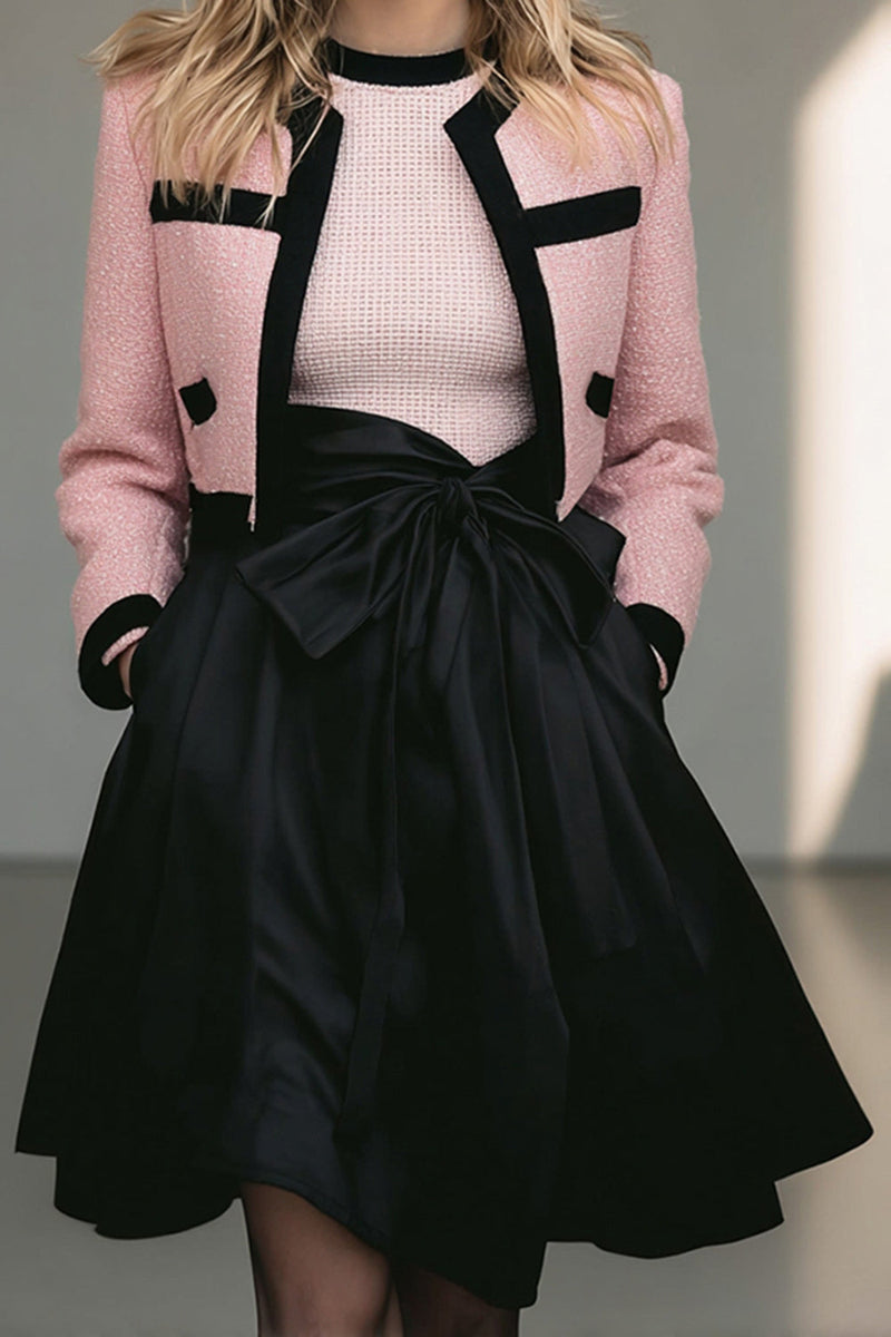 Load image into Gallery viewer, 2 Piece Black Pink A Line Tweed Short Pageant Interview Outfits with Bow