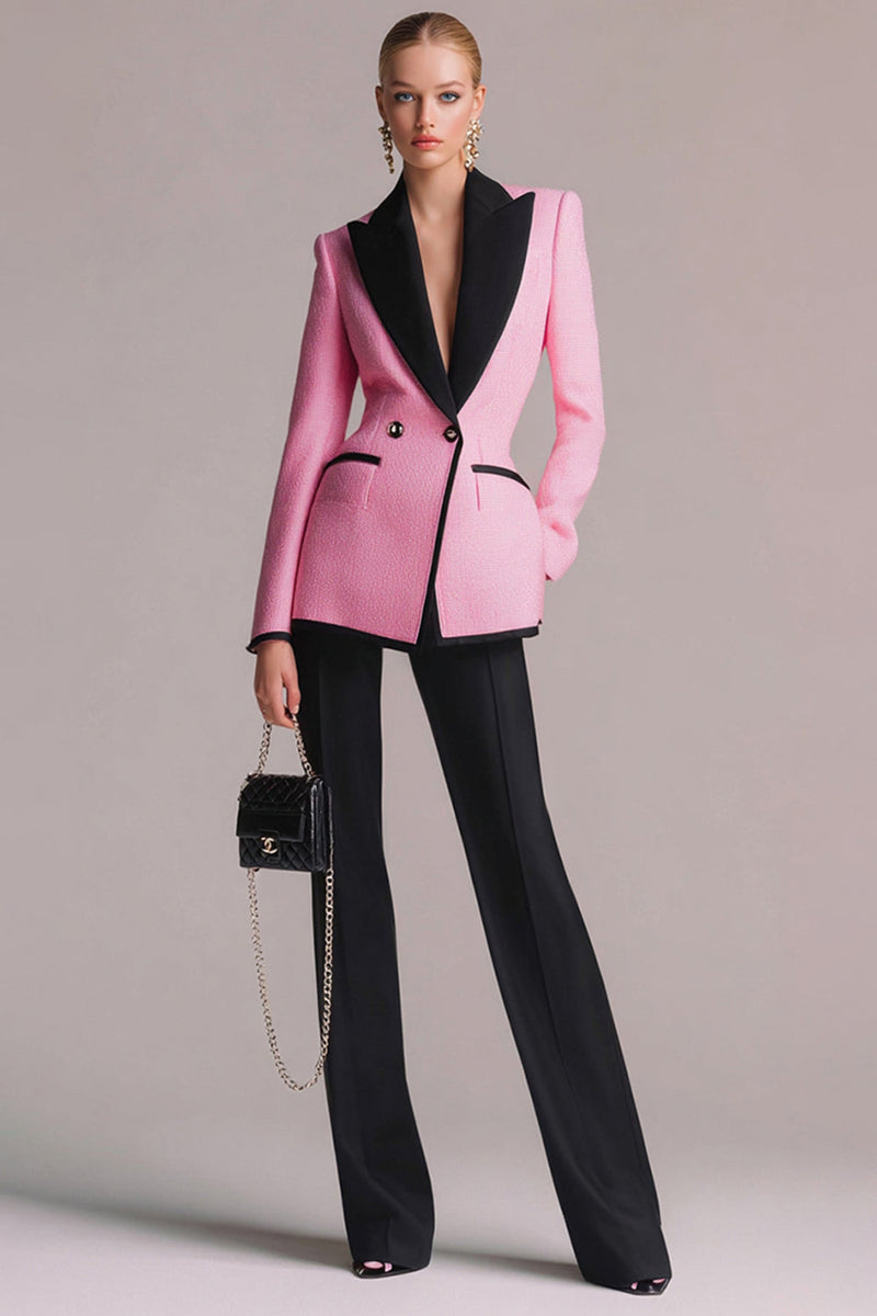 Load image into Gallery viewer, 2 Piece Black Pink Peak Lapel Tweed Long Sleeves Pageant Interview Outfits