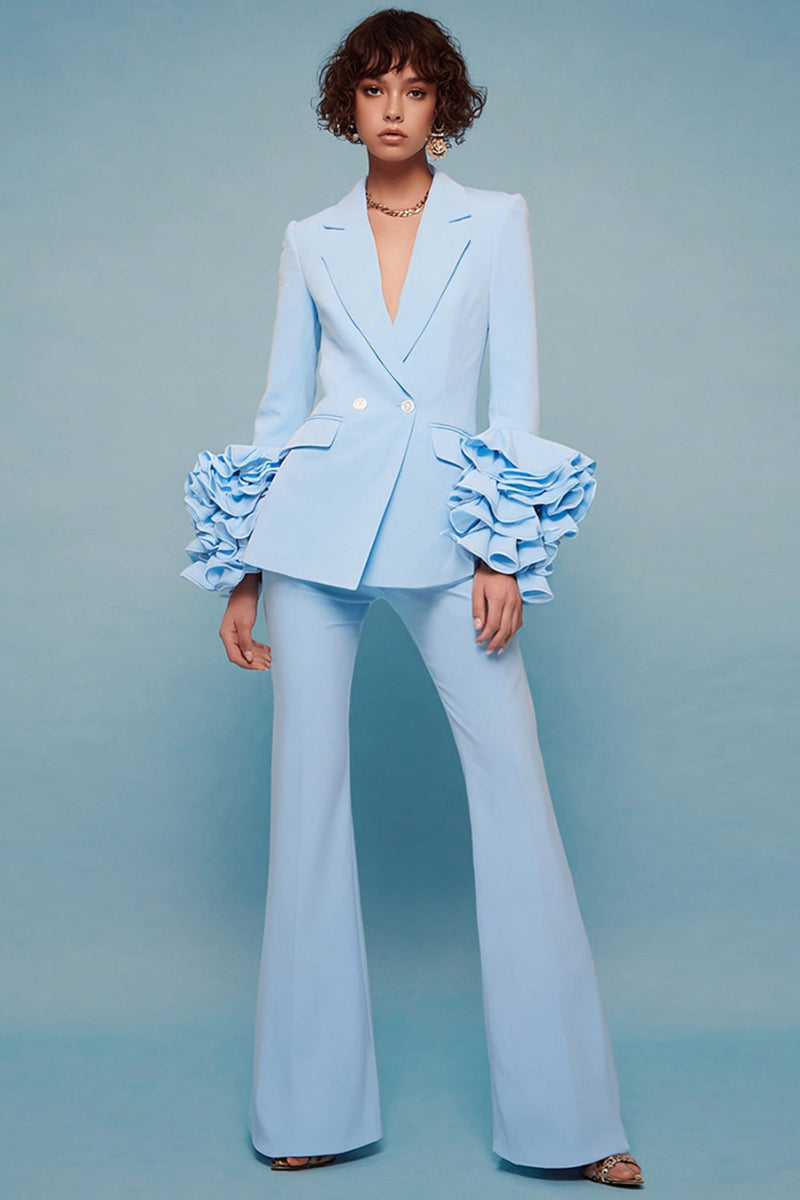 Load image into Gallery viewer, Blue 2 Piece Notched Lapel Long Sleeves Prom Suits with Ruffles
