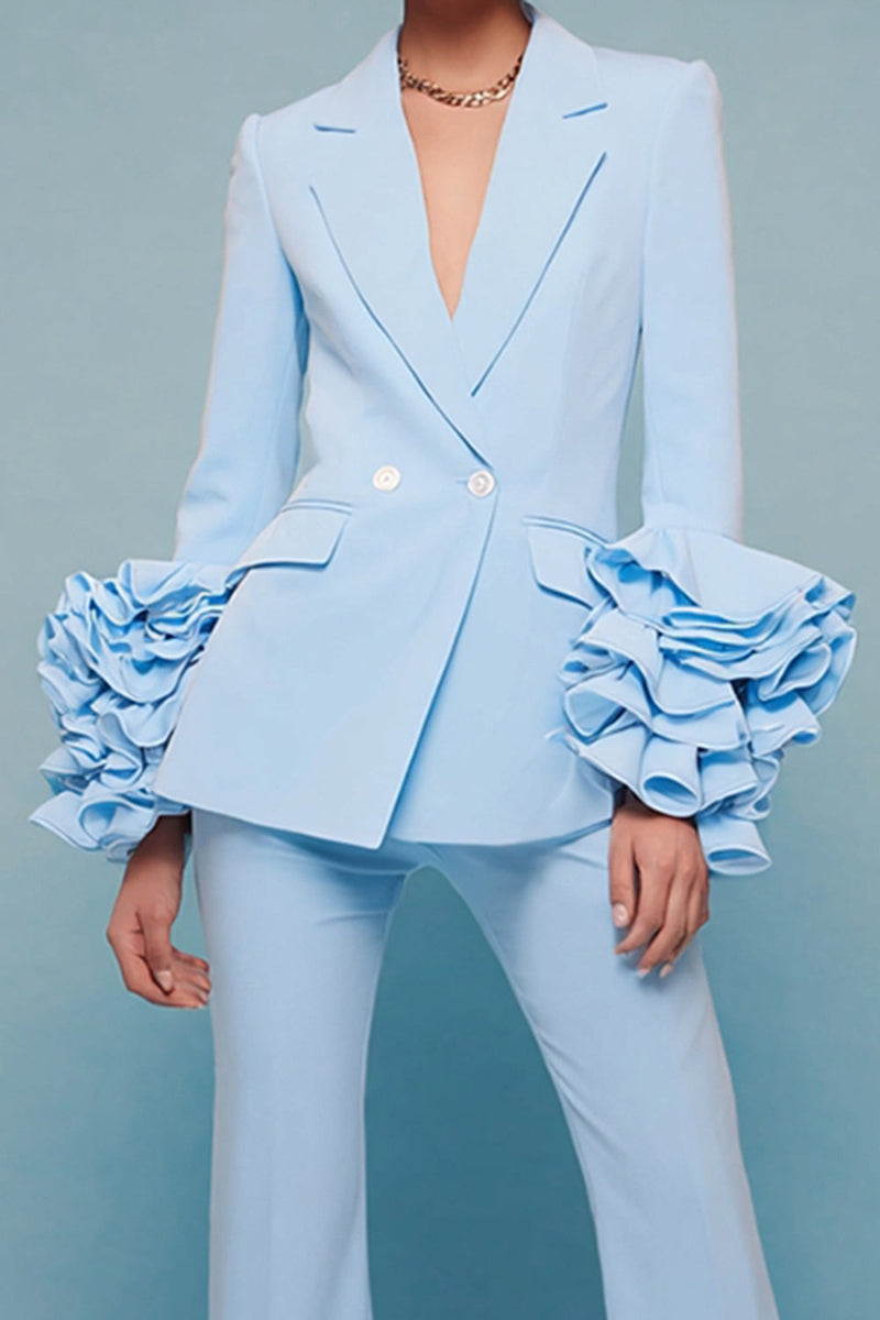 Load image into Gallery viewer, Blue 2 Piece Notched Lapel Long Sleeves Prom Suits with Ruffles