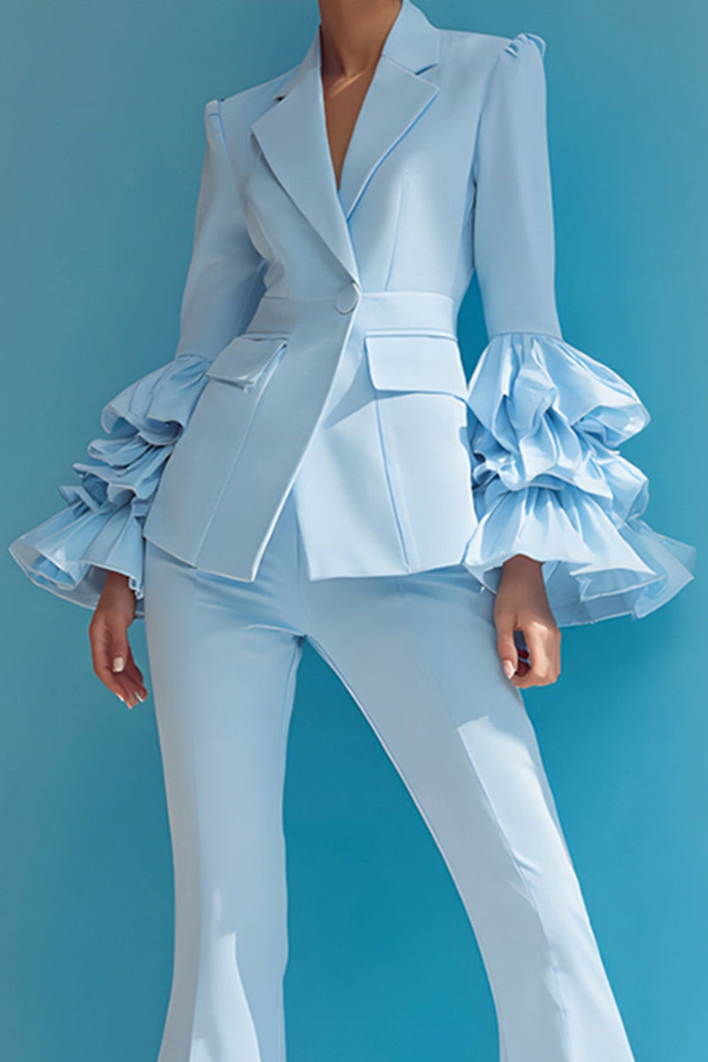 Load image into Gallery viewer, 2 Piece Blue One Button Notched Lapel Ruffled Long Sleeves Prom Suits