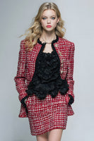 Load image into Gallery viewer, 2 Piece Red Grid Tweed Tight Short Pageant Interview Outfits with Ruffles