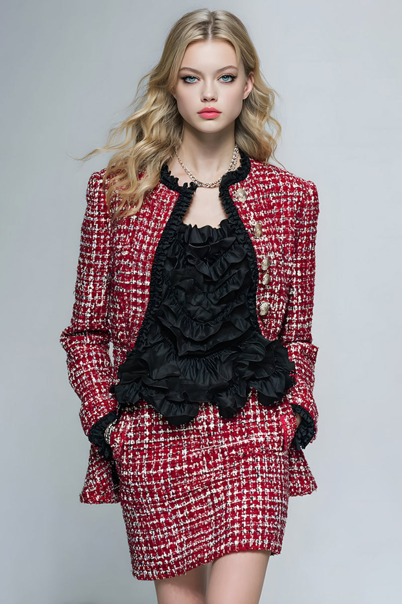 Load image into Gallery viewer, 2 Piece Red Grid Tweed Tight Short Pageant Interview Outfits with Ruffles