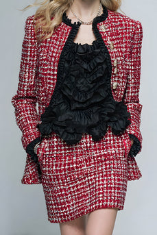 2 Piece Red Grid Tweed Tight Short Pageant Interview Outfits with Ruffles