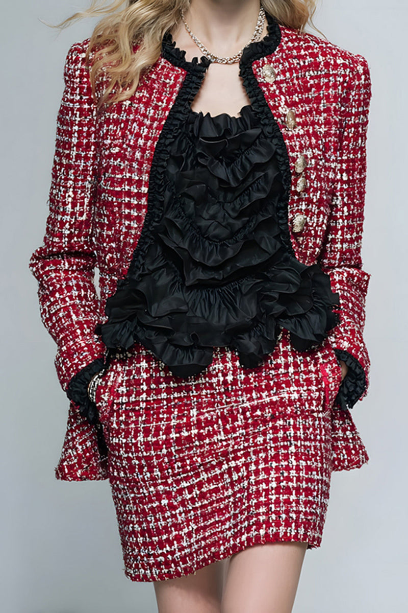 Load image into Gallery viewer, 2 Piece Red Grid Tweed Tight Short Pageant Interview Outfits with Ruffles