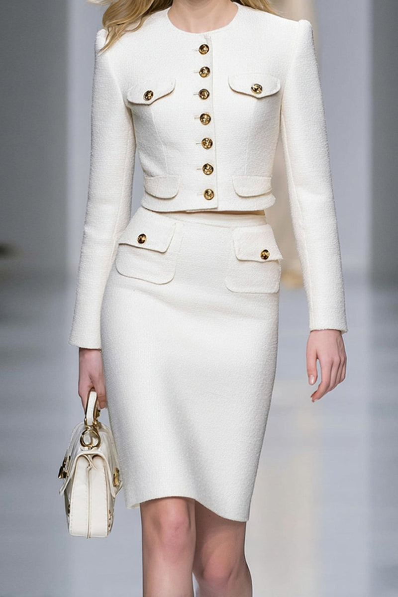 Load image into Gallery viewer, White Pencil 2 Piece Short Tweed Interview Outfits with Buttons