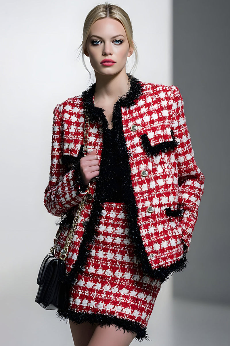 Load image into Gallery viewer, Red Grid 2 Piece Single Breasted Short Tweed Pageant Interview Outfits