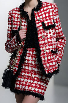 Red Grid 2 Piece Single Breasted Short Tweed Pageant Interview Outfits