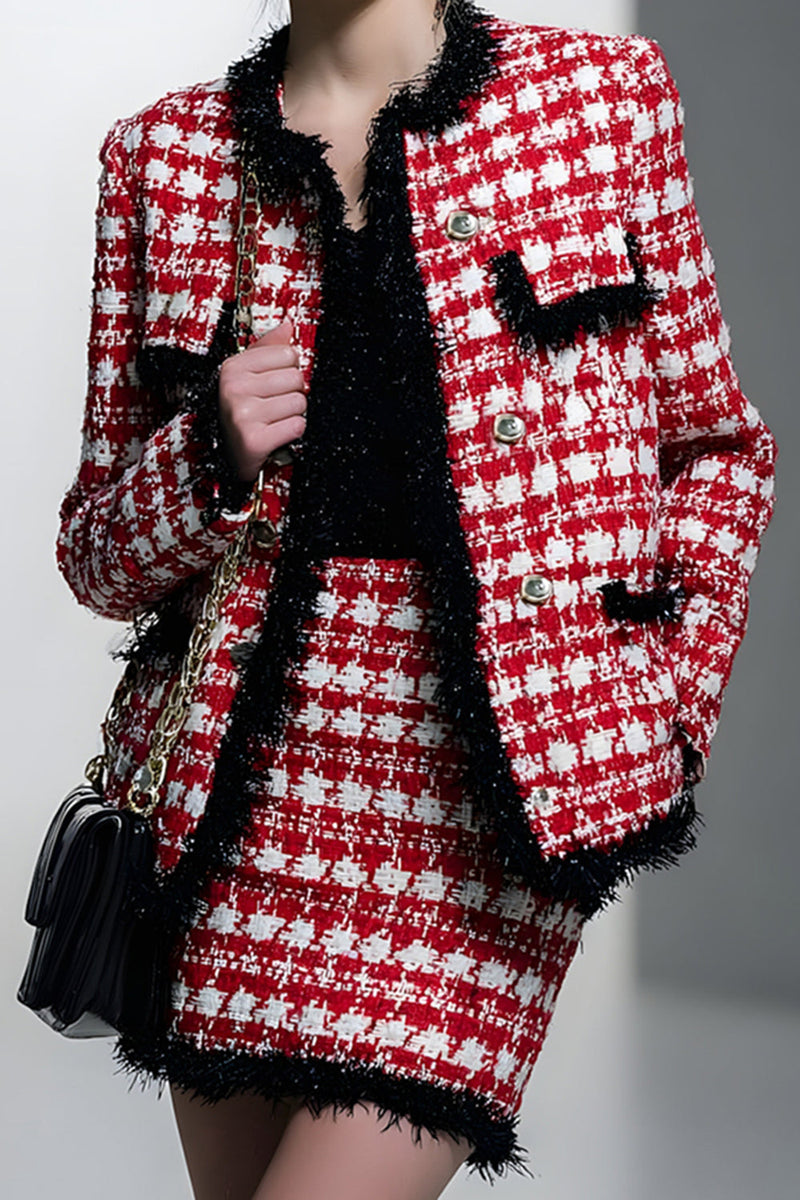 Load image into Gallery viewer, Red Grid 2 Piece Single Breasted Short Tweed Pageant Interview Outfits