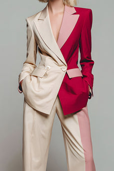 2 Piece Light Khaki Notched Lapel Patchwork Business Suits with Pockets