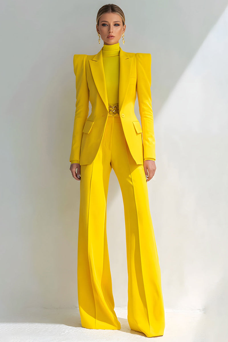 Load image into Gallery viewer, Queendancer Women Yellow 2 Piece Prom Suits with Sleeves Wide Leg One Button Peak Lapel Business Pantsuits