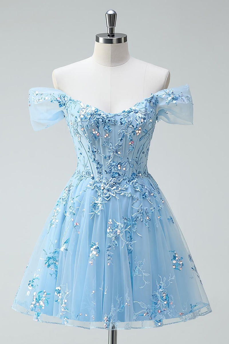 Load image into Gallery viewer, Sparkly Floral Sky Blue A Line Tulle Short Corset Homecoming Dress with Appliques