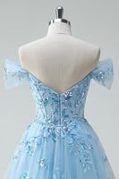 Load image into Gallery viewer, Sparkly Floral Sky Blue A Line Tulle Short Corset Homecoming Dress with Appliques