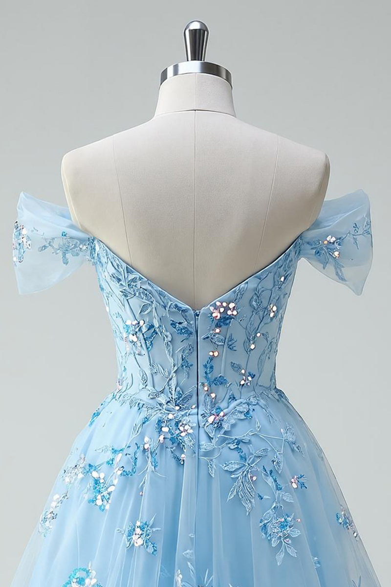 Load image into Gallery viewer, Sparkly Floral Sky Blue A Line Tulle Short Corset Homecoming Dress with Appliques
