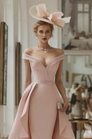 Load image into Gallery viewer, Blush Pink Bodycon Off the Shoulder Midi Mother of the Bride Dress with Cape