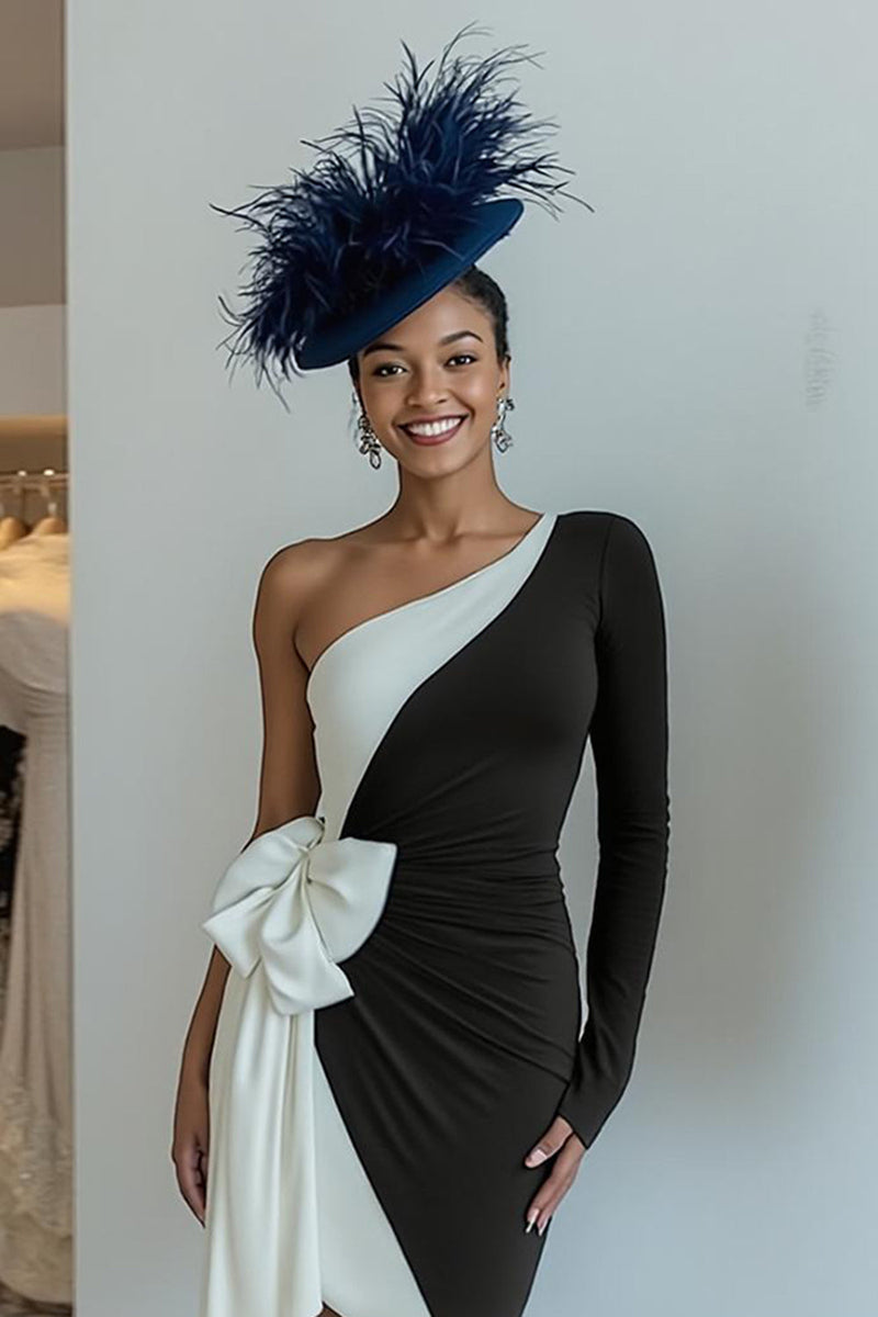 Load image into Gallery viewer, Black and White One Shoulder Midi Mother of the Bride Dress with Bow