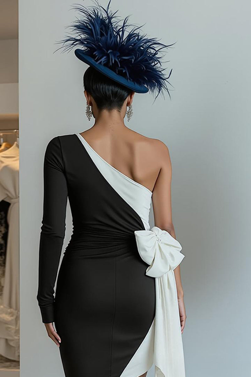Load image into Gallery viewer, Black and White One Shoulder Midi Mother of the Bride Dress with Bow